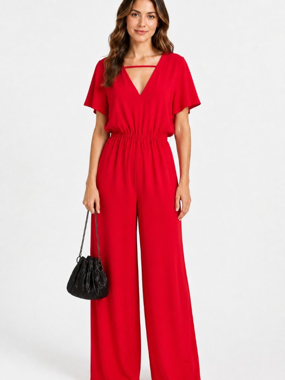 Zara Woman Red V-Neck Flutter Sleeve Wide-Leg Jumpsuit & Satin Pleated Chain Cro